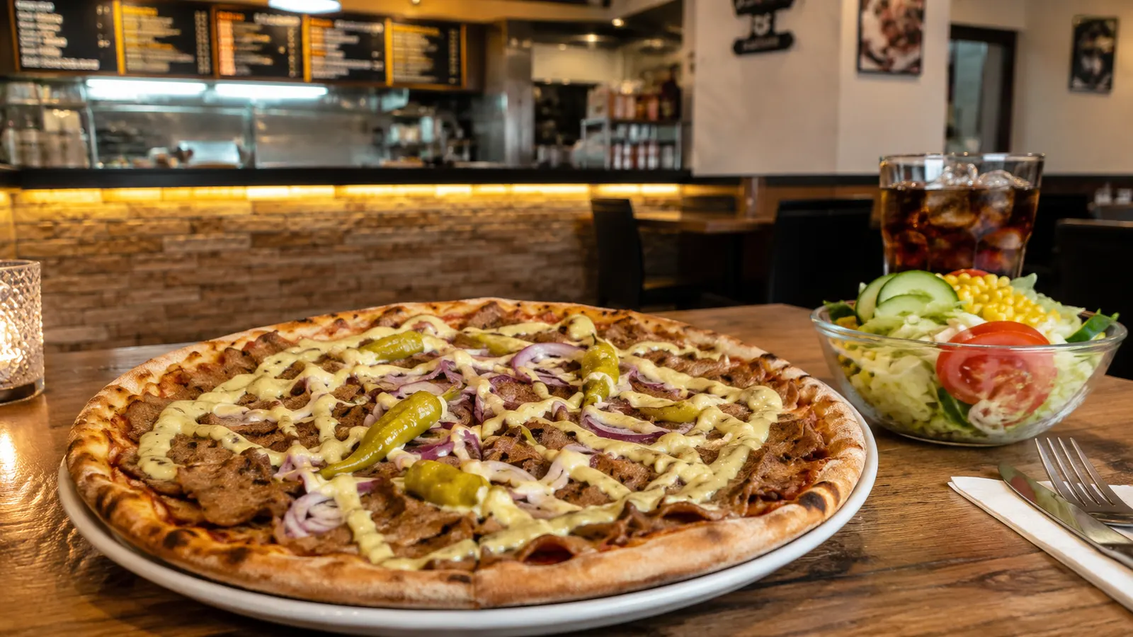 Kebabpizza med lök, feferoni och kebabsås på tallrik