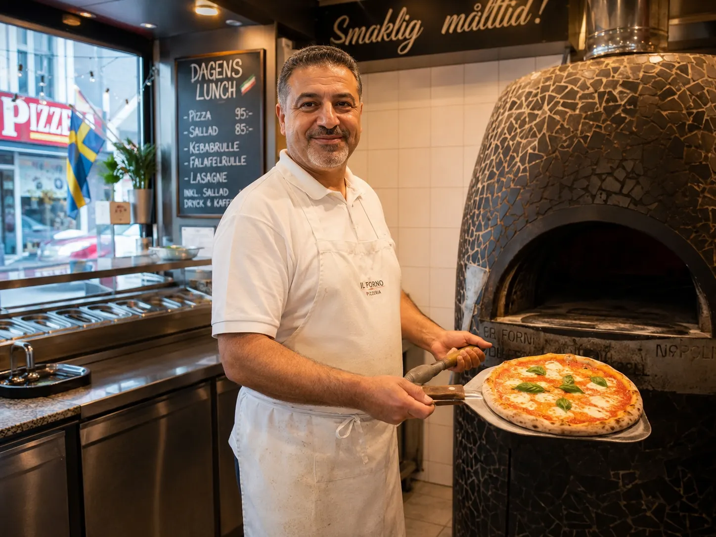Pizzabagare vid stenugnen med en nygräddad pizza på spaden